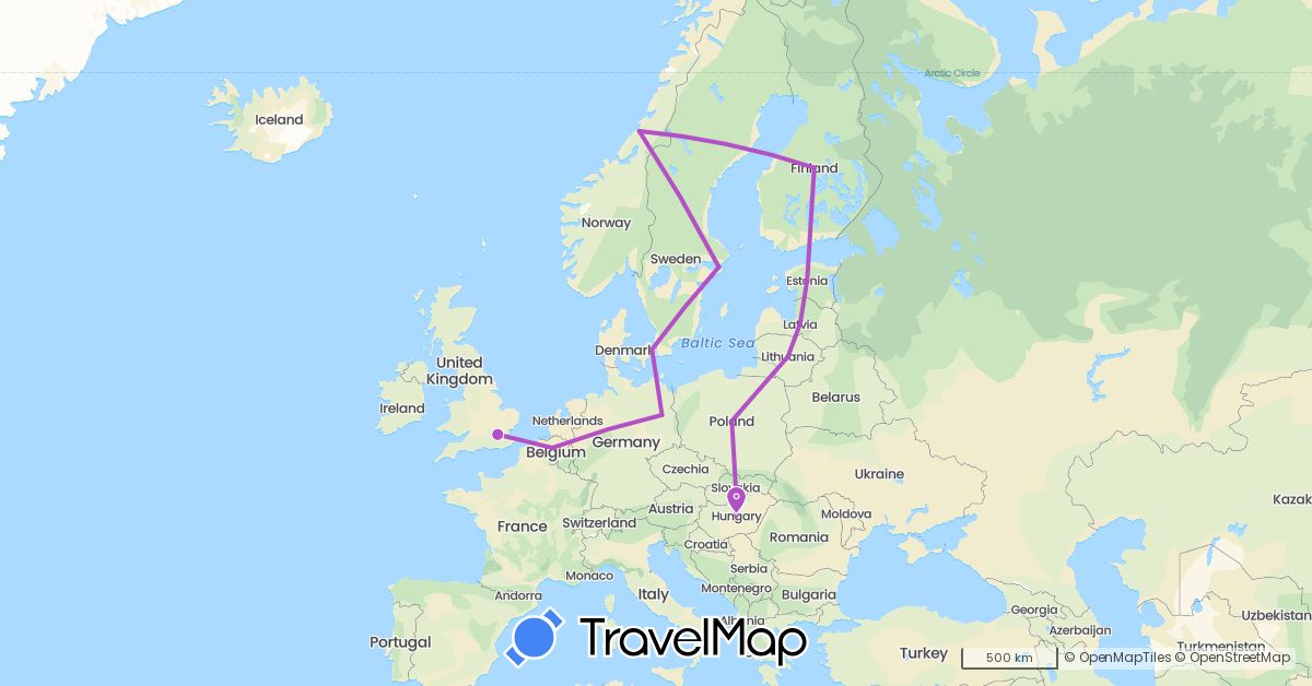 TravelMap itinerary: driving, train in Belgium, Germany, Denmark, Estonia, Finland, United Kingdom, Hungary, Lithuania, Latvia, Norway, Poland, Sweden, Slovakia (Europe)
